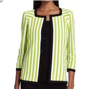Misook Gloria Green White Striped Square Neck Cardigan Jacket SZ M